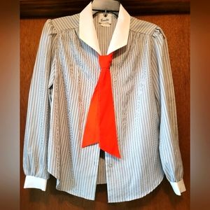 Touche' L.A. brand, gray with black pin stripe and red tie, long sleeve blouse
